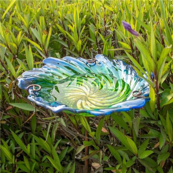 Glass Bird Baths for Outdoors, Garden Bird Bath Bowl with Metal Stake - Picture 2 of 8